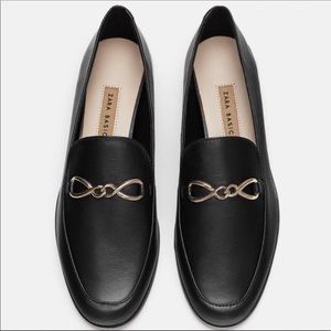 Zara Black Leather Slip On Loafers Gold Chain NEW